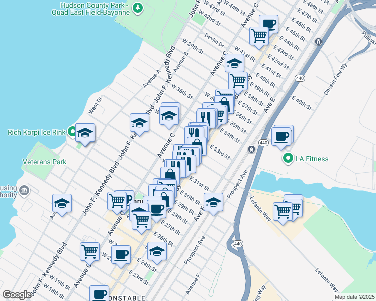 map of restaurants, bars, coffee shops, grocery stores, and more near 16 West 32nd Street in Bayonne