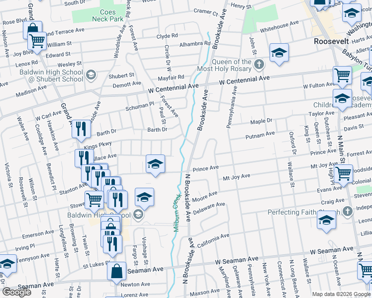 map of restaurants, bars, coffee shops, grocery stores, and more near 497 North Brookside Avenue in Freeport