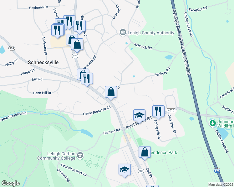 map of restaurants, bars, coffee shops, grocery stores, and more near 4745 Spruce Street in Schnecksville