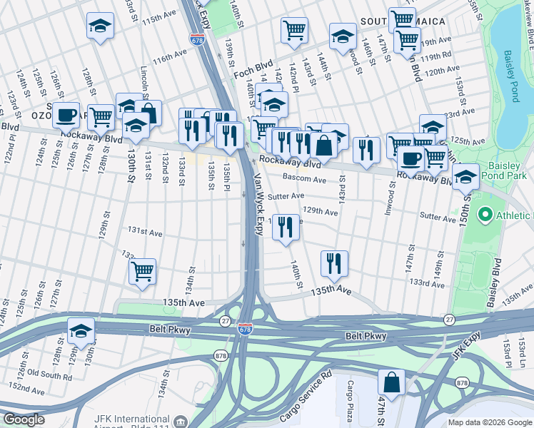 map of restaurants, bars, coffee shops, grocery stores, and more near 137-17 131st Avenue in Queens