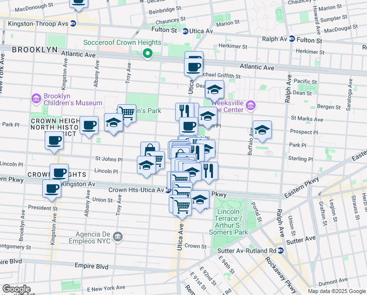 map of restaurants, bars, coffee shops, grocery stores, and more near 1437 Sterling Place in Brooklyn