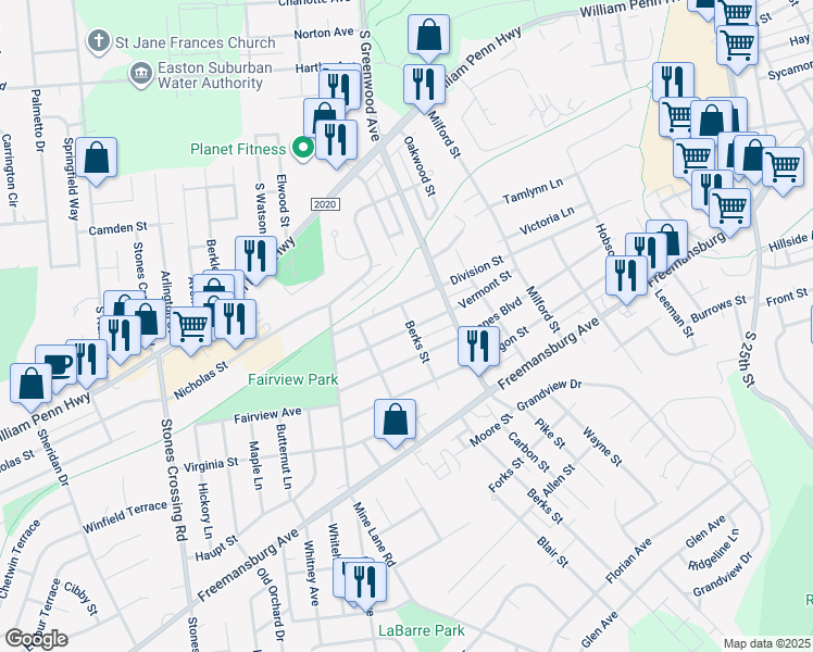 map of restaurants, bars, coffee shops, grocery stores, and more near 3305 Vermont Street in Easton