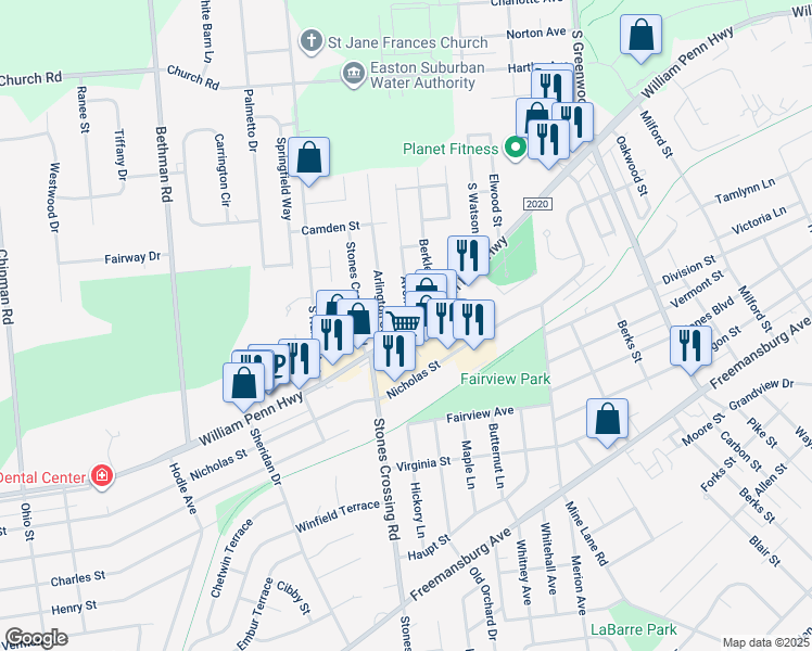 map of restaurants, bars, coffee shops, grocery stores, and more near 3801 William Penn Highway in Easton