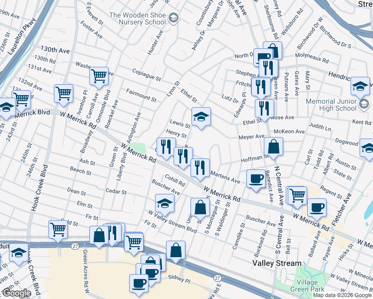 map of restaurants, bars, coffee shops, grocery stores, and more near 185 Martens Avenue in Valley Stream