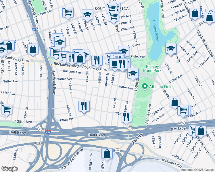 map of restaurants, bars, coffee shops, grocery stores, and more near 128-30 146th Street in Queens