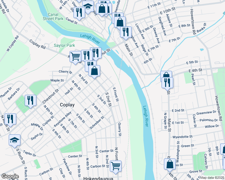 map of restaurants, bars, coffee shops, grocery stores, and more near 140 South Front Street in Coplay
