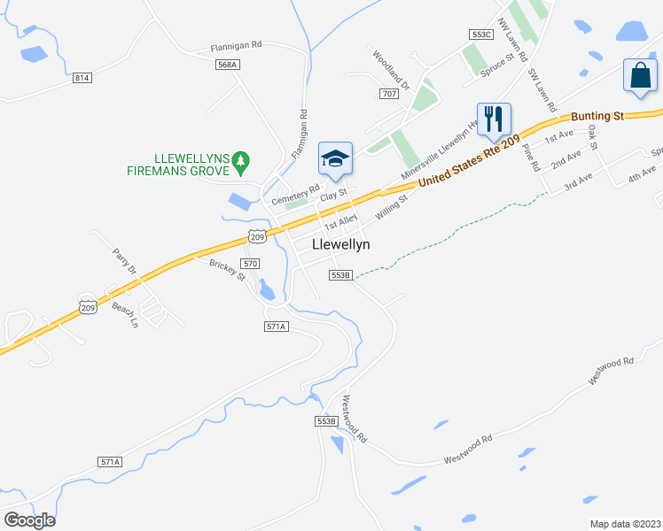 map of restaurants, bars, coffee shops, grocery stores, and more near 12 Silverton Road in Llewellyn
