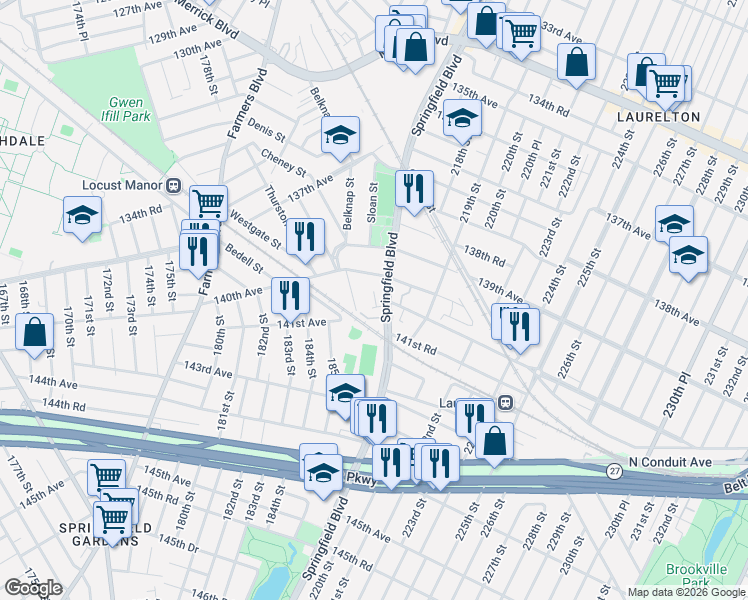 map of restaurants, bars, coffee shops, grocery stores, and more near 14 141st Avenue in Queens