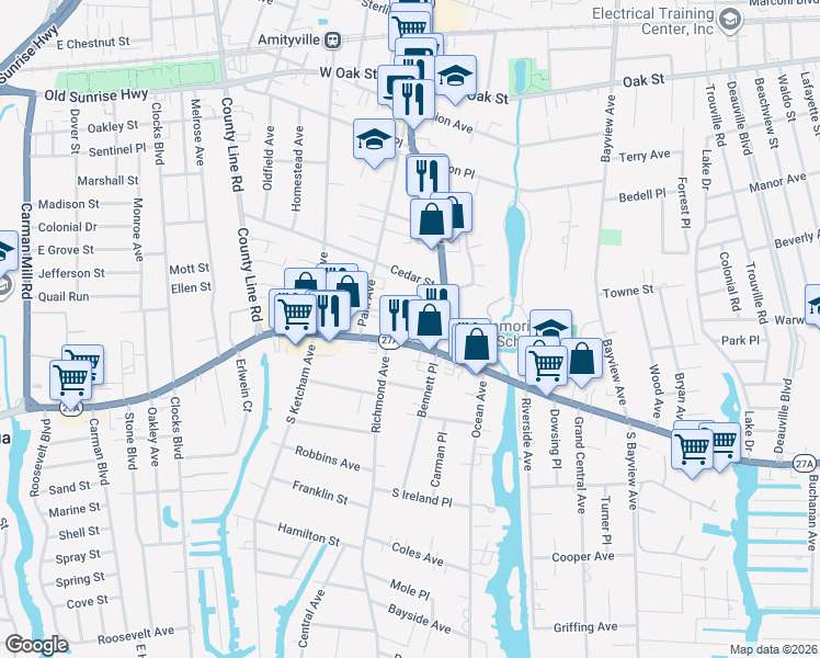 map of restaurants, bars, coffee shops, grocery stores, and more near 127 Merrick Road in Amityville