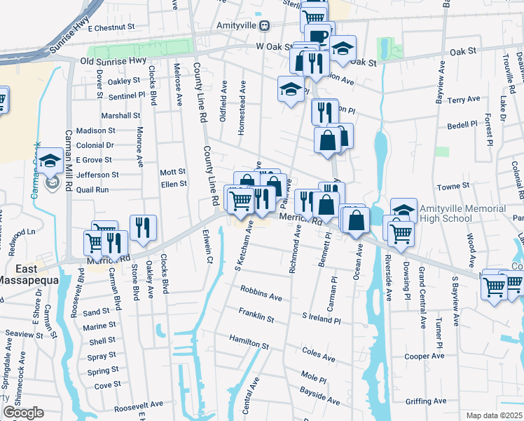 map of restaurants, bars, coffee shops, grocery stores, and more near 65 Merrick Road in Amityville
