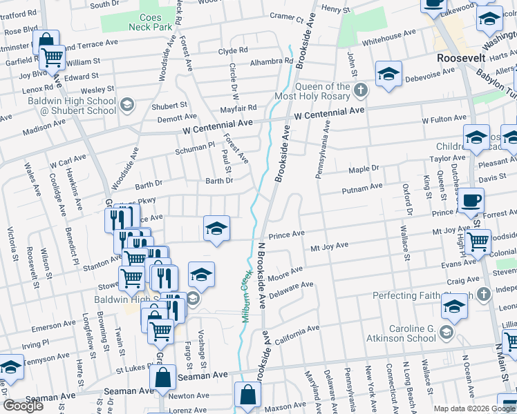 map of restaurants, bars, coffee shops, grocery stores, and more near 497 North Brookside Avenue in Freeport