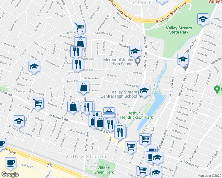 map of restaurants, bars, coffee shops, grocery stores, and more near 58 Carl Street in Valley Stream