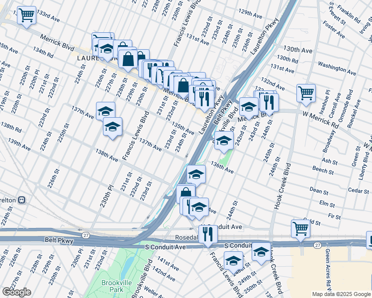 map of restaurants, bars, coffee shops, grocery stores, and more near 234-27 137th Avenue in Queens