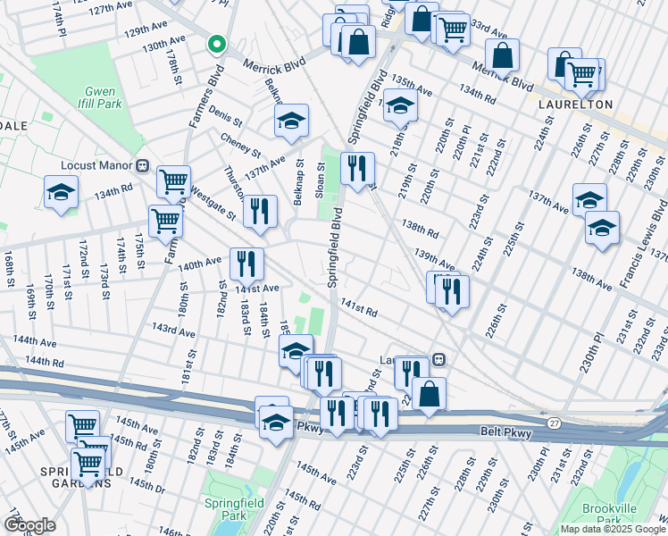 map of restaurants, bars, coffee shops, grocery stores, and more near 14 141st Avenue in Queens