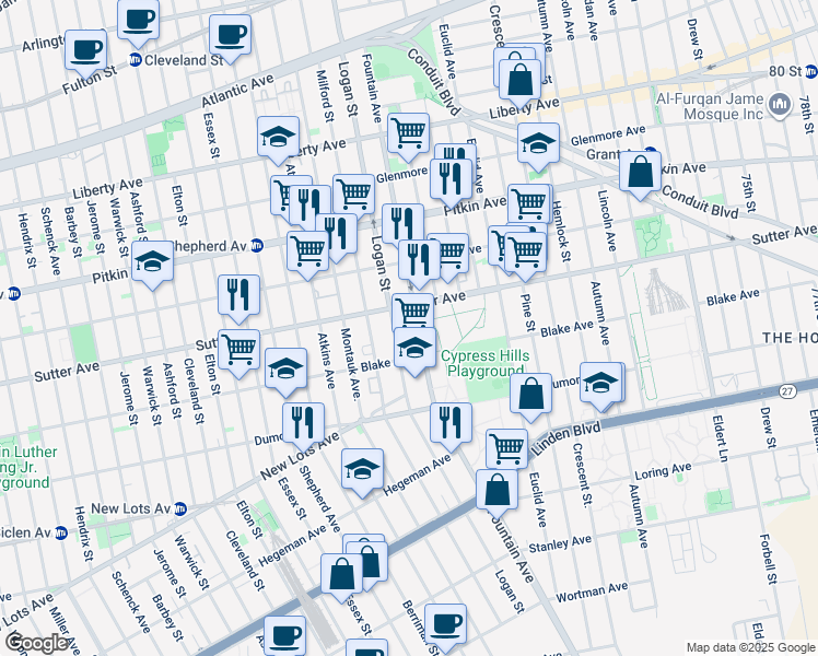 map of restaurants, bars, coffee shops, grocery stores, and more near 615 Logan Street in Brooklyn