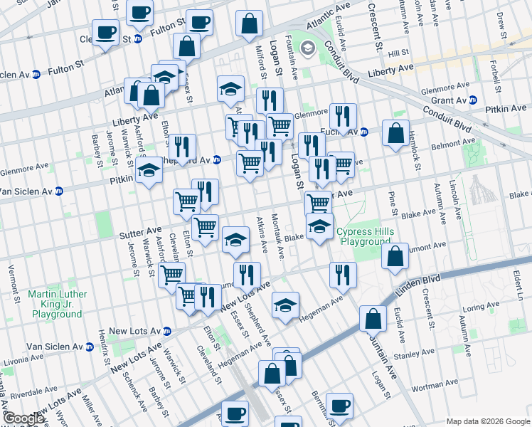map of restaurants, bars, coffee shops, grocery stores, and more near 319 Atkins Avenue in Brooklyn
