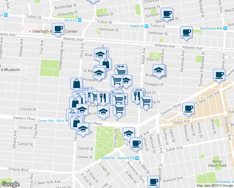 map of restaurants, bars, coffee shops, grocery stores, and more near 1598 Sterling Place in Brooklyn