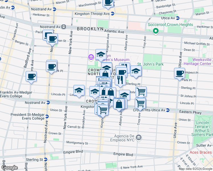 map of restaurants, bars, coffee shops, grocery stores, and more near 1120 Saint Johns Place in Brooklyn