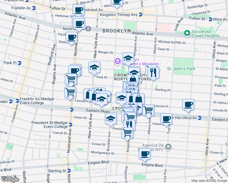 map of restaurants, bars, coffee shops, grocery stores, and more near 1034 Saint Johns Place in Brooklyn