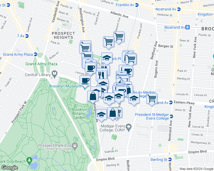 map of restaurants, bars, coffee shops, grocery stores, and more near 260 Eastern Parkway in Brooklyn