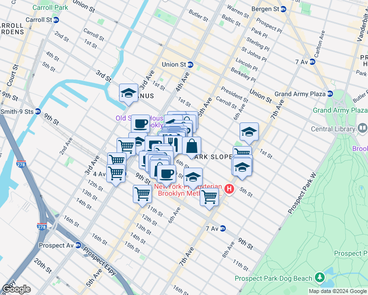 map of restaurants, bars, coffee shops, grocery stores, and more near 339 6th Street in Brooklyn