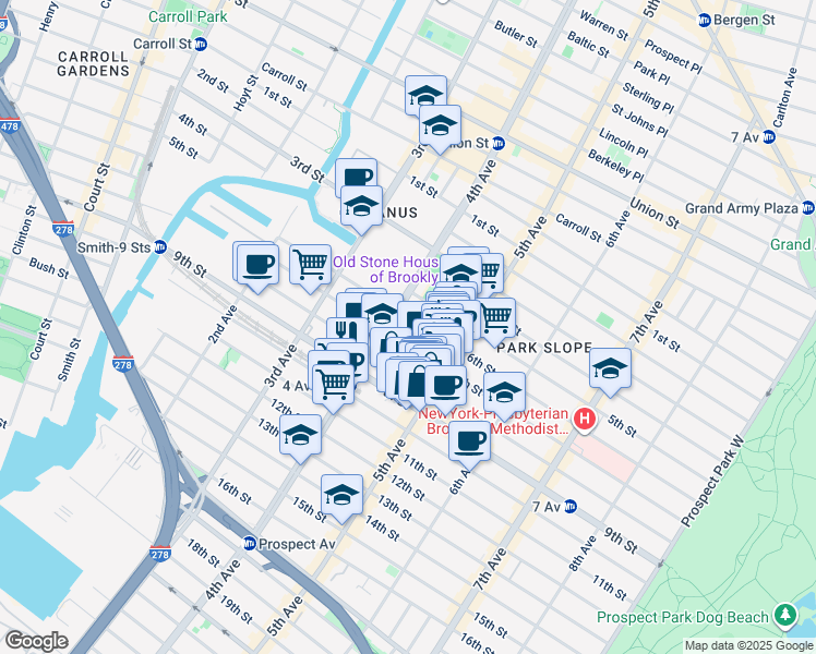 map of restaurants, bars, coffee shops, grocery stores, and more near 225 8th Street in Brooklyn
