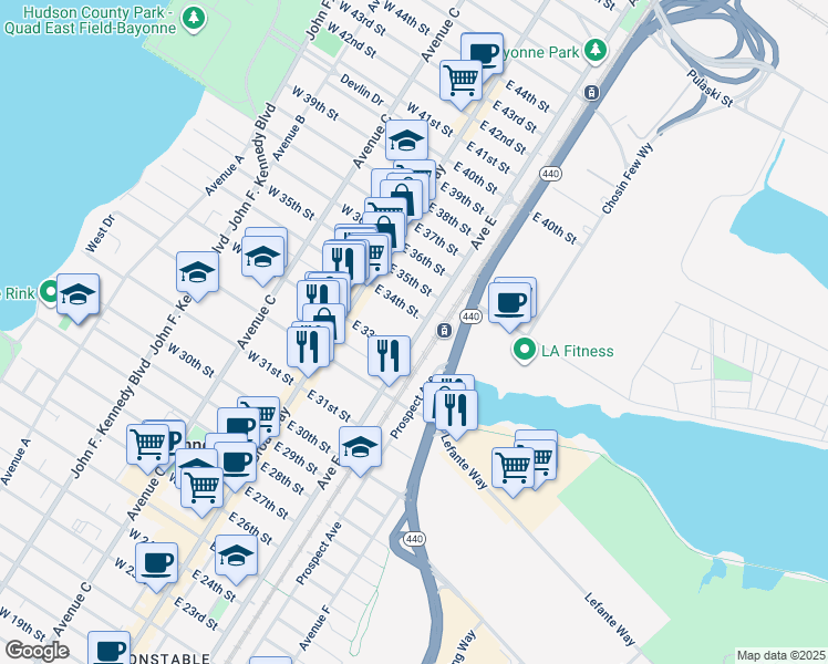 map of restaurants, bars, coffee shops, grocery stores, and more near 510 Avenue E in Bayonne