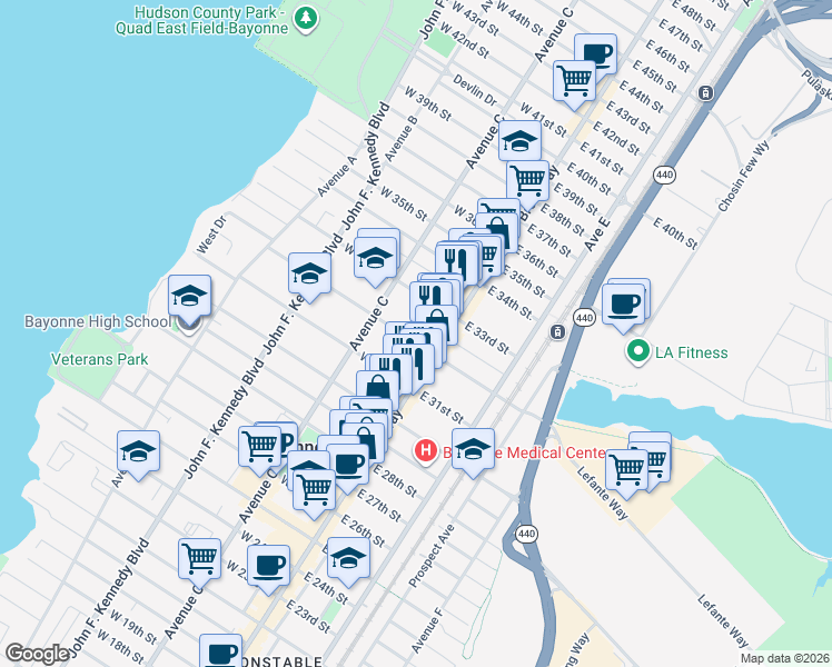 map of restaurants, bars, coffee shops, grocery stores, and more near 16 West 32nd Street in Bayonne