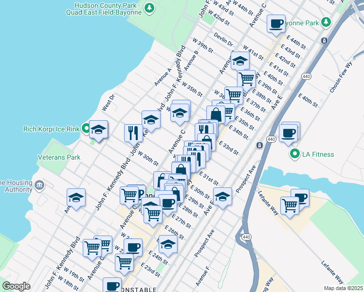 map of restaurants, bars, coffee shops, grocery stores, and more near 44 West 31st Street in Bayonne