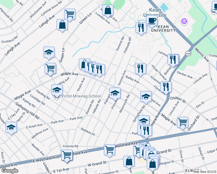map of restaurants, bars, coffee shops, grocery stores, and more near 231 Palisade Road in Elizabeth