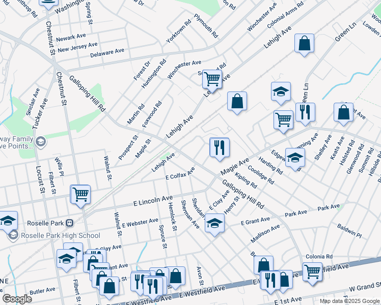 map of restaurants, bars, coffee shops, grocery stores, and more near 702 Galloping Hill Road in Roselle Park