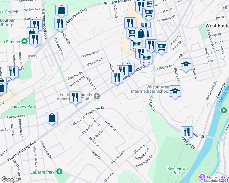 map of restaurants, bars, coffee shops, grocery stores, and more near 1125 Dunkle Street in Easton