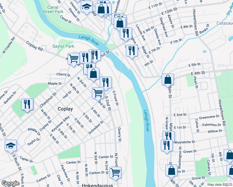 map of restaurants, bars, coffee shops, grocery stores, and more near 140 South Front Street in Coplay