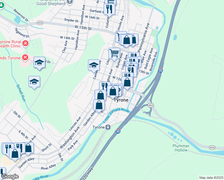 map of restaurants, bars, coffee shops, grocery stores, and more near 100 West 10th Street in Tyrone