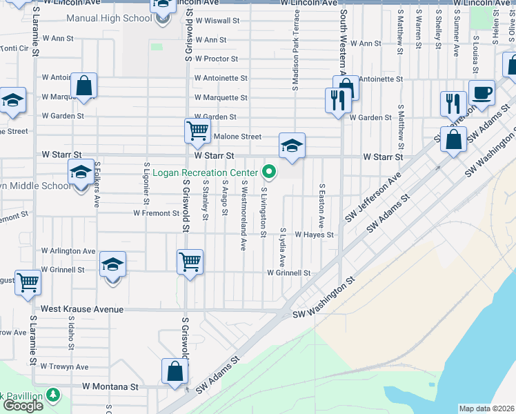 map of restaurants, bars, coffee shops, grocery stores, and more near 1526-1532 South Livingston Street in Peoria
