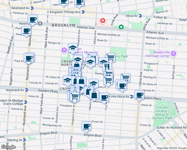 map of restaurants, bars, coffee shops, grocery stores, and more near 259 Albany Avenue in Brooklyn
