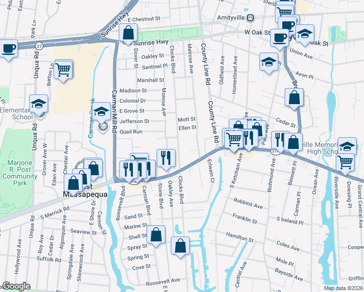 map of restaurants, bars, coffee shops, grocery stores, and more near 696 Clocks Boulevard in Massapequa