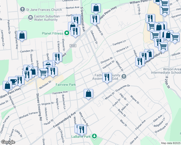 map of restaurants, bars, coffee shops, grocery stores, and more near 3305 Vermont Street in Easton
