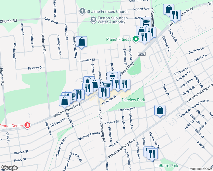 map of restaurants, bars, coffee shops, grocery stores, and more near 3801 William Penn Highway in Easton