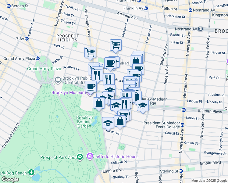 map of restaurants, bars, coffee shops, grocery stores, and more near 255 Eastern Parkway in Brooklyn