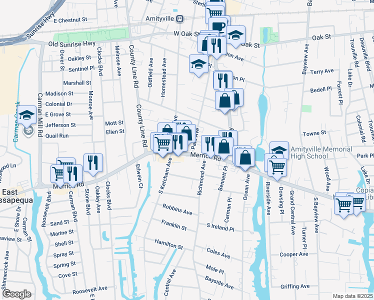 map of restaurants, bars, coffee shops, grocery stores, and more near 65 Merrick Road in Amityville