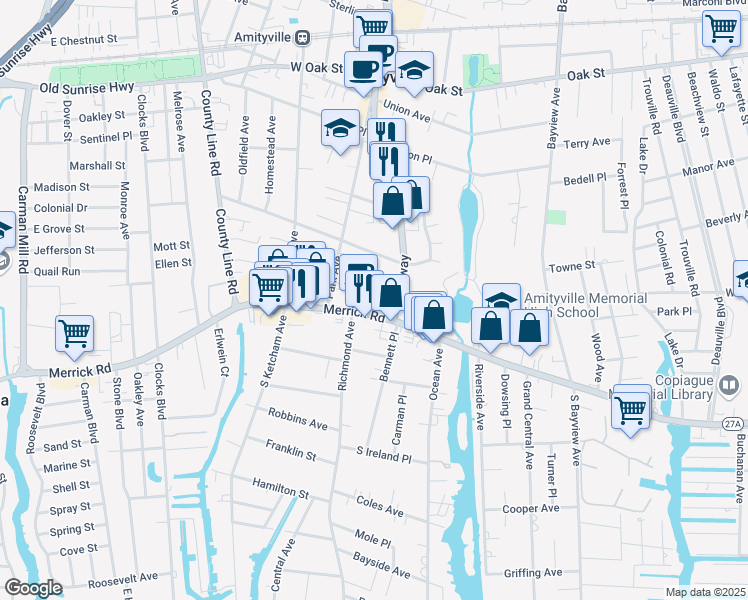 map of restaurants, bars, coffee shops, grocery stores, and more near 126 Merrick Road in Amityville