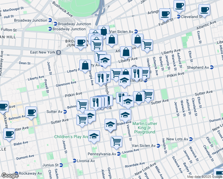 map of restaurants, bars, coffee shops, grocery stores, and more near 2094 Pitkin Avenue in Brooklyn
