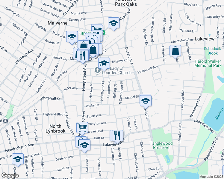 map of restaurants, bars, coffee shops, grocery stores, and more near 183 Rider Avenue in Malverne