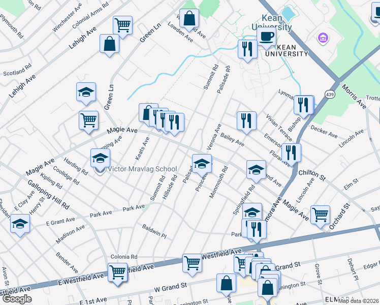 map of restaurants, bars, coffee shops, grocery stores, and more near 231 Palisade Road in Elizabeth