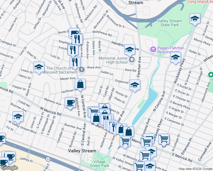 map of restaurants, bars, coffee shops, grocery stores, and more near 58 Carl Street in Valley Stream