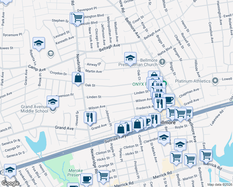 map of restaurants, bars, coffee shops, grocery stores, and more near 320 Linden Street in Bellmore