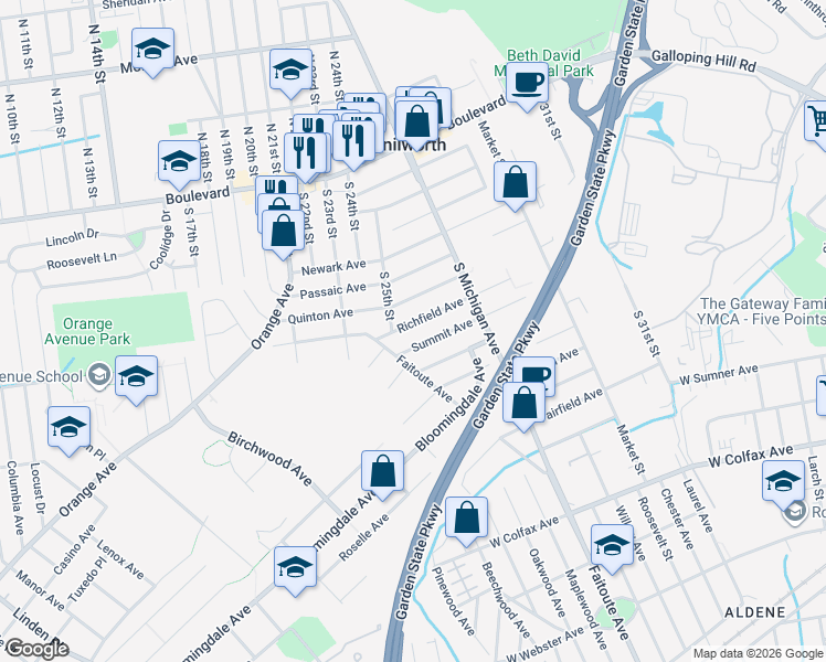 map of restaurants, bars, coffee shops, grocery stores, and more near 637 Summit Avenue in Kenilworth