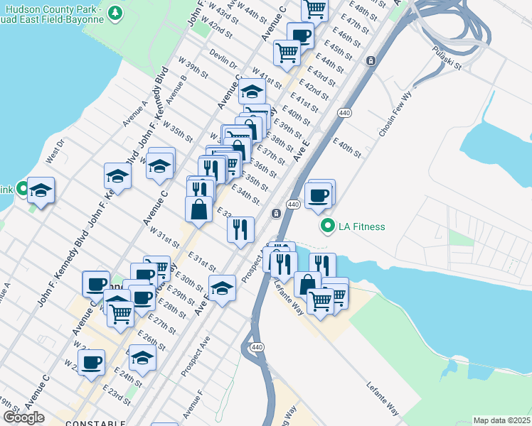 map of restaurants, bars, coffee shops, grocery stores, and more near 280 Prospect Avenue in Bayonne