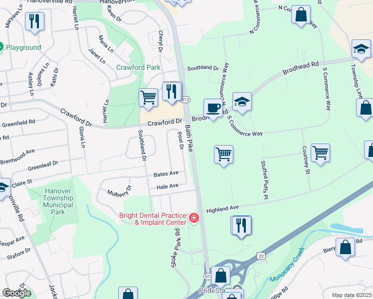 map of restaurants, bars, coffee shops, grocery stores, and more near 4032-4098 Bath Pike in Bethlehem
